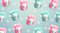 Cute winter background with 3d gift boxes and snowflakes. Realistic 3d render white presents with pink and green bow falling with Royalty Free Stock Photo