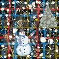 Cute Winter Background with Snowman Character, and Spruce Tree. Vector Illustration Royalty Free Stock Photo