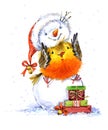 Cute winter bird. Christmas card. New year watercolor llustration.