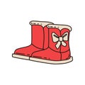 Cute winter boots with bows. Doodle style. Fashionable shoes for girls. Vector hand-drawn illustration on a white Royalty Free Stock Photo