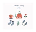 Cute winter card with teapot, cup, socks and mittens