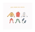 Cute winter card with warm sweaters, hat and mittens