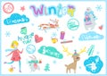 Cute Winter cartoon characters and elements set Royalty Free Stock Photo