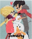 Cute winter cartoon couple Royalty Free Stock Photo