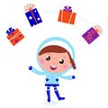 Cute winter child jugglery with christmas gifts.
