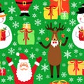 Cute winter childish seamless pattern with hand drawn Christmas cartoon characters as Santa Claus, Reindeer and Snowman Royalty Free Stock Photo