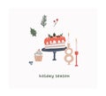 Cute winter christmas card with holiday cake, muffin, candles isolated