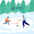 Cute winter, Christmas illustration of a loving happy family on winter vacation. Mom, dad and child walk and skate