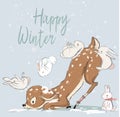 Cute winter deer with hares