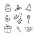 Cute winter doodle illustrations.  Set of outline isolated vector elements Royalty Free Stock Photo