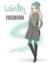 Cute winter, fashion, cartoon girl.