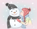 Cute winter, fashion, cartoon girl. Vector illustration.