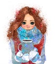 Cute winter girl with coffee cup