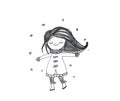 Cute winter girl enjoy snowfall. Kids winter outdoor activity. Hand drawn pencil illustration