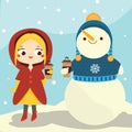 Cute winter girl and snowman holding coffee. Winter outdoor fun activity