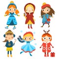 Cute winter girls set. Kids winter activity. Vector collection of cartoon female characters Royalty Free Stock Photo