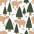 Cute winter holiday seamless vector pattern background illustration with cartoon bear in the forest Royalty Free Stock Photo