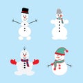 Cute winter holiday snowmans in different costumes Royalty Free Stock Photo