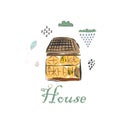 Cute Winter Icon with House and CLoud. Hand Drawn Scandinavian Style. Royalty Free Stock Photo