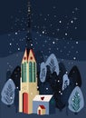 Cute winter illustration with gothic catholic church and clock tower.Snowflakes falling on forest, powdered Christmas trees.