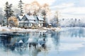 Cute winter landscape. Hills, trees, cute house covered with snow. Gouache illustration Royalty Free Stock Photo