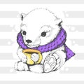 Cute winter little polar bear in a knitted scarf with a cup of cocoa. Made in a limited color palette, technique graphics. For