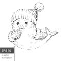 Cute winter little seal in knitted hat and gloves. Made in black and white in the technique of graphics. For postcards or prints