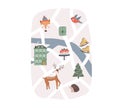 Cute winter map with deer animal, house, Christmas tree, bird, skates