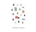 Cute winter map with tiny houses, Christmas trees