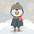 Cute winter penguin in a coat with hat and scarf. Royalty Free Stock Photo