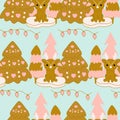 Cute winter raindeer and christmas trees in a sseamless pattern design