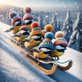 Cute Winter Scene Of Chickadees Riding A Toboggan On A Snow Covered Mountain Hill AI Generated