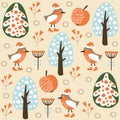 Cute winter seamless pattern with birds in the forest,