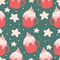 Cute winter seamless pattern with cups and cookies. Christmas season print. Vector illustration