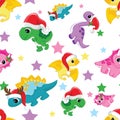 Cute winter seamless pattern dinosaurs. Vector Illustration - White Background Royalty Free Stock Photo