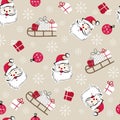 Cute winter seamless pattern with hand drawn Christmas elements as Santa Claus face and snowflakes background for decoration of Royalty Free Stock Photo