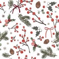 Cute winter seamless white pattern with berries, leaves and snowflakes, vector illustration