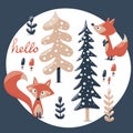 Cute winter set fox, rabbit, mushroom, bushes, plants, snow Royalty Free Stock Photo