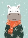 Cute winter smiling white hippopotamus with snowflakes. Cartoon zoo. Vector illustration. Animal for the design of Royalty Free Stock Photo