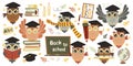 Cute wise owl flat icons set. Teaching at school, college and university. Bird in academical cap Royalty Free Stock Photo