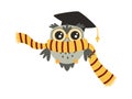 Cute wise owl in scarf and academical cap flat icon