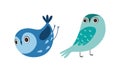 Cute Wise Owls Set, Beautiful Owlets in Blue Colors Cartoon Vector Illustration