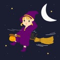 Cute Witch Flying on Her Broomstick. Halloween Cartoon Vector Royalty Free Stock Photo