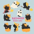 Cute Witch Black Cat Halloween Cartoon Character Set