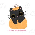 Cute Witch Black Cat Halloween on pumpkin Cartoon. Mischievous kitty animal illustration