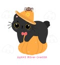 Cute Witch Black Cat Halloween on pumpkin Cartoon. Naughty kitty animal illustration Royalty Free Stock Photo