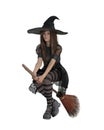 Cute witch in black dress and pointed hat riding her broomstick. 3D illustration isolated