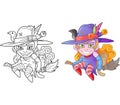 Cute witch on broomstick, coloring book, funny illustration
