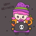 Cute Witch cartoon delivery pumpkin jack o lantern by car. Happy Halloween party children (Kawaii vector). Royalty Free Stock Photo