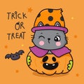 Cute Witch cartoon. Pumpkin Halloween cat party Kawaii vector. Royalty Free Stock Photo